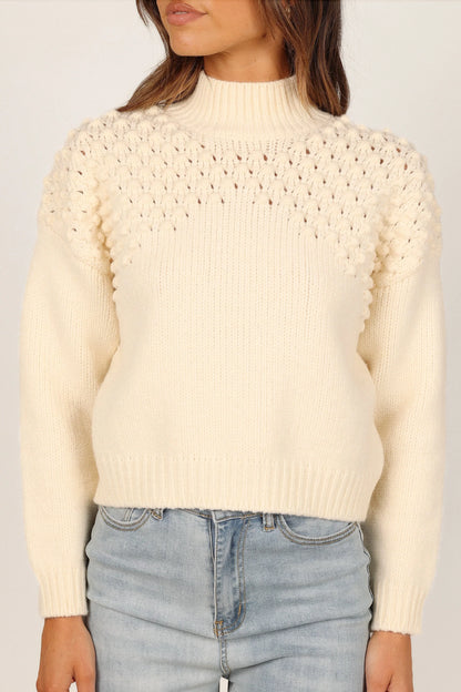Mia Textured Shoulder Knit Sweater Cream