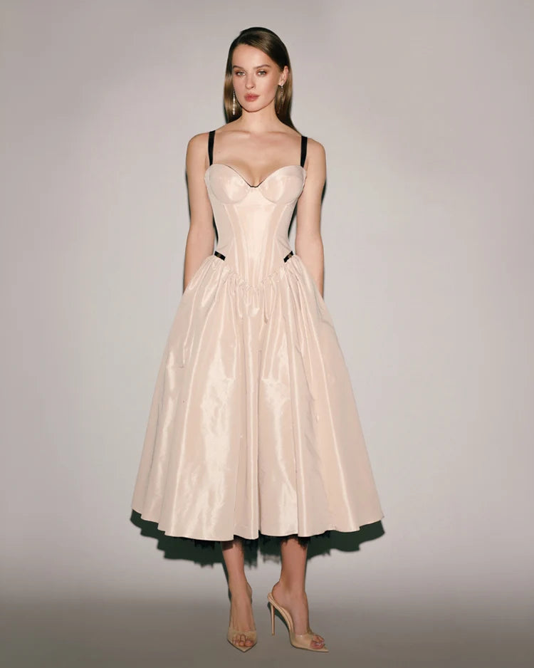 Nude Corset Midi Dress with Contrast Details