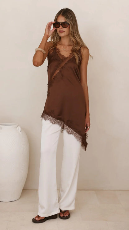 Sayuri Satin Lace Mini Tunic Chocolate