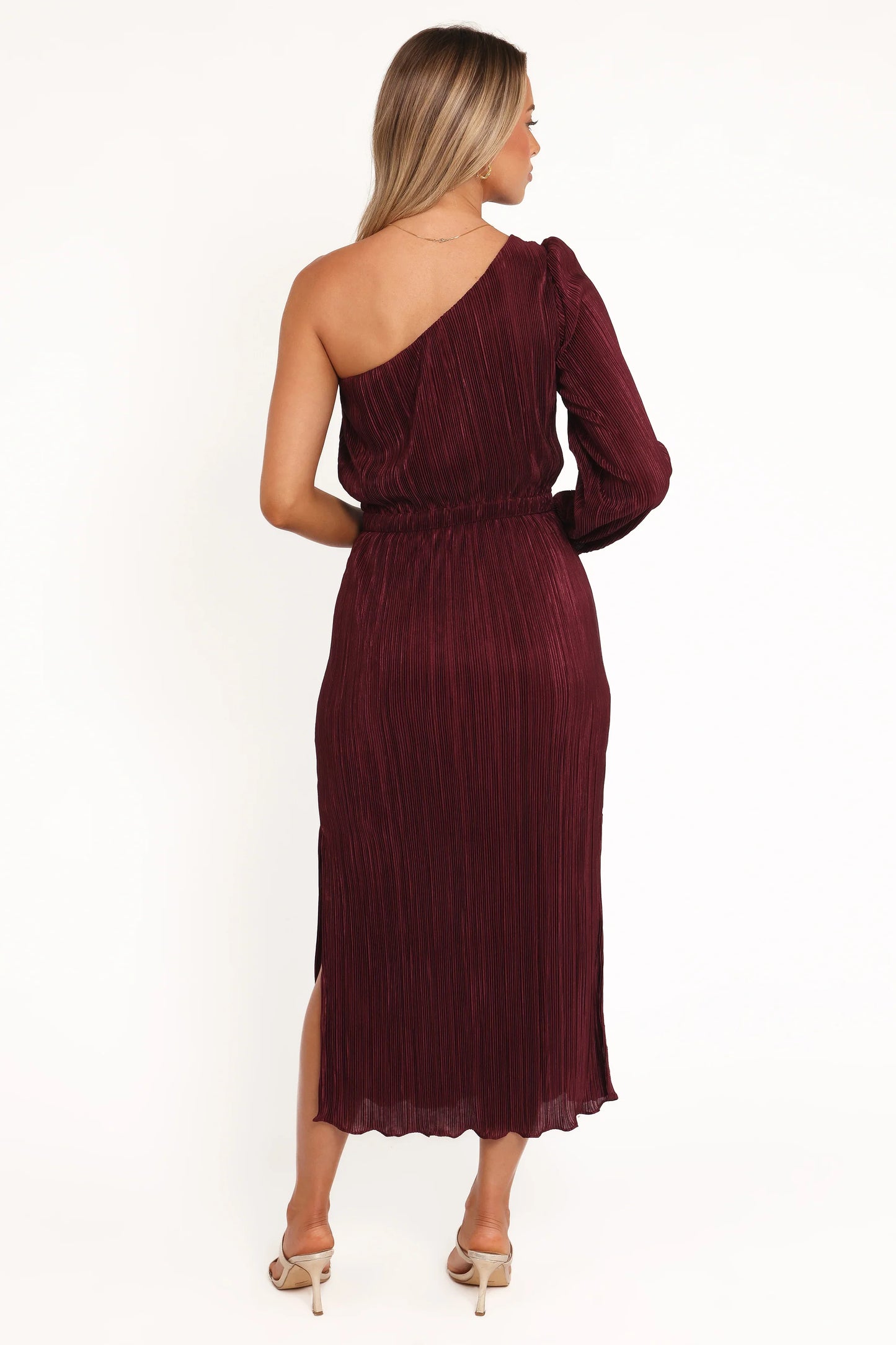 Pontee One Shoulder Pleated Midi Dress Burgundy