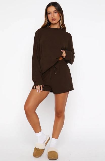Come A Long Way Soft Lounge Ribbed Shorts Chocolate