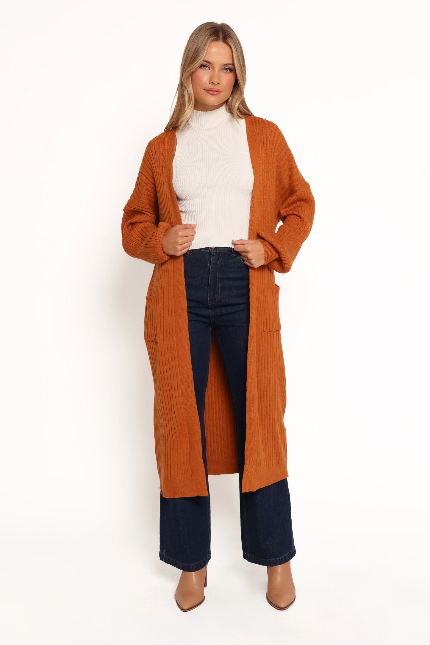 Makenna Long Open Front Cardigan Rust