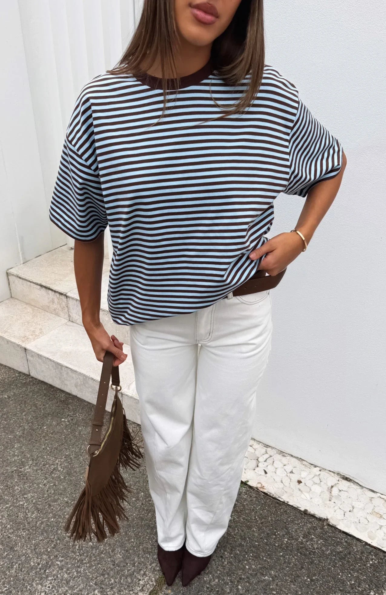 Touchdown Oversized Tee Choc Blue Stripe