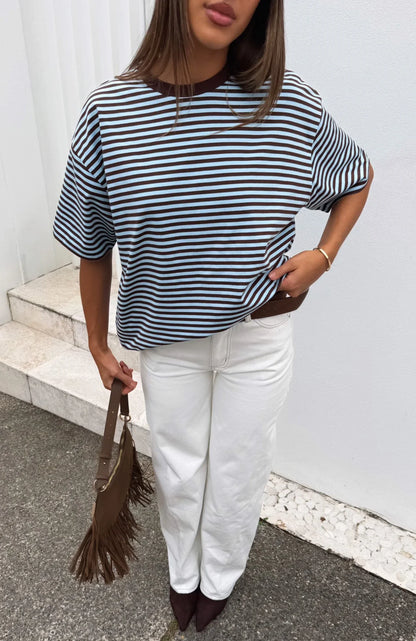 Touchdown Oversized Tee Choc Blue Stripe