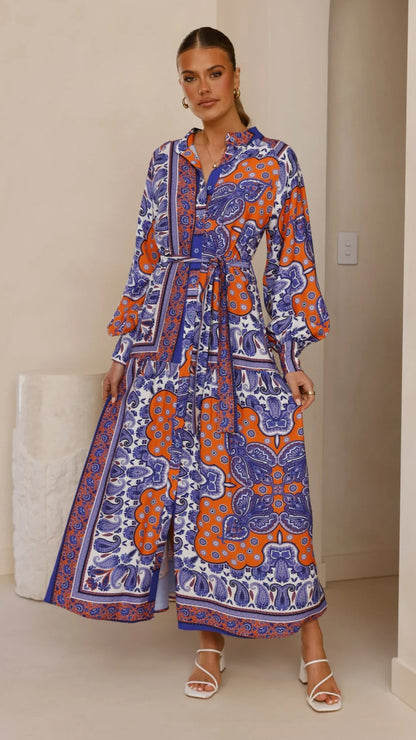 Tasha Maxi Dress Blue Orange Print