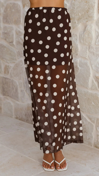 Onella Semi Sheer Maxi Skirt Chocolate White Polka Dot