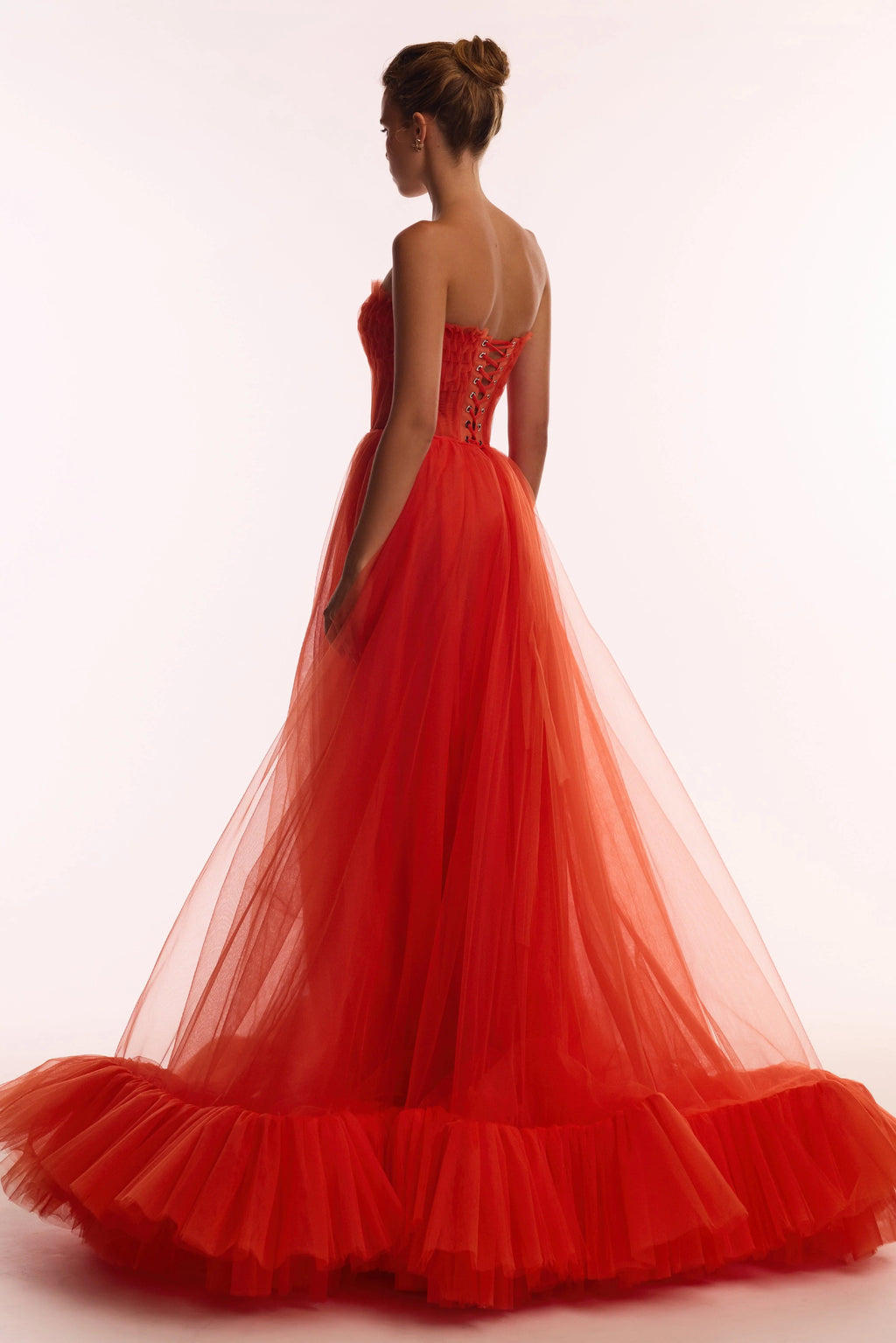 Airy tulle maxi dress in fiery coral