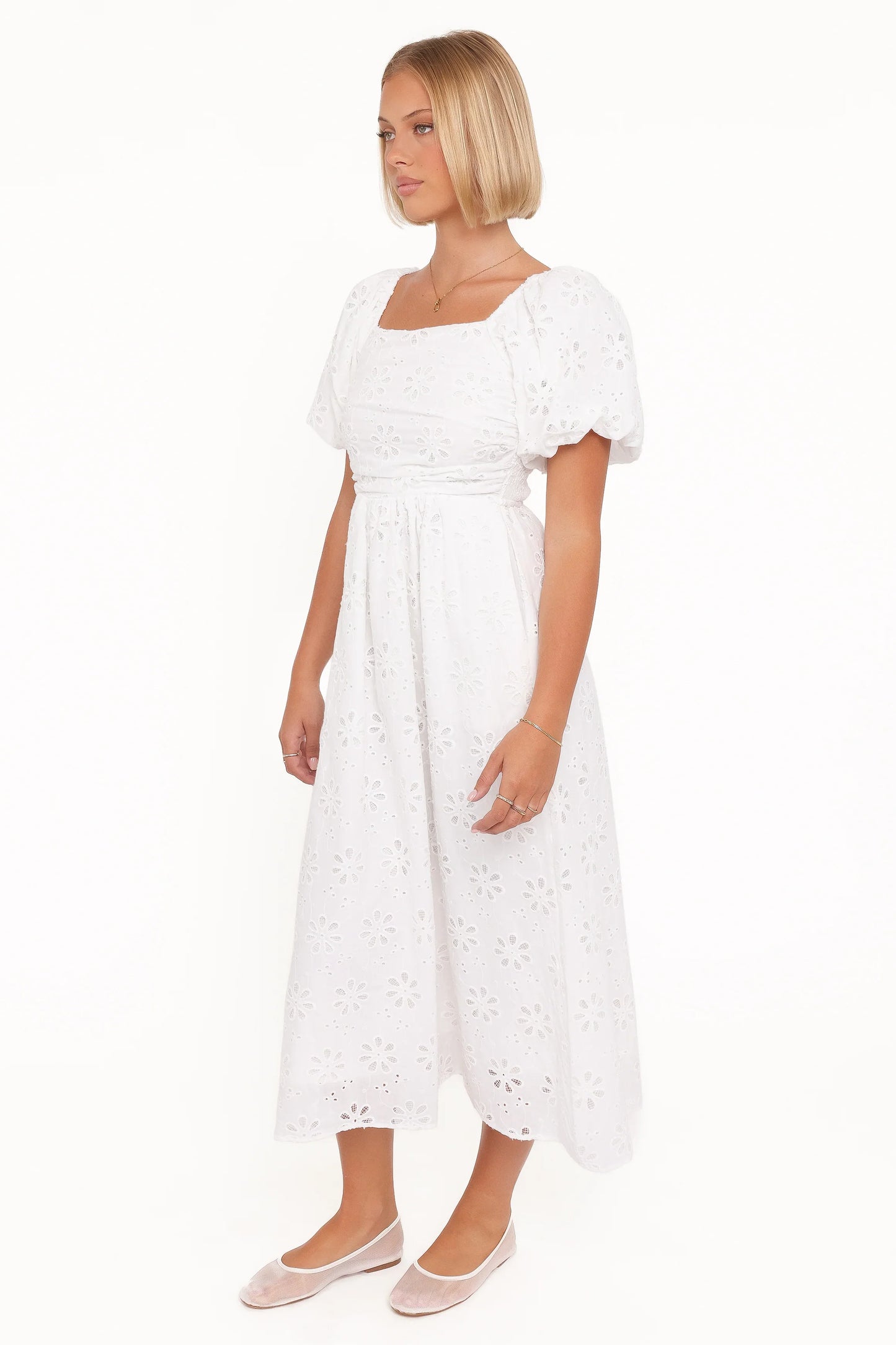 Clo Puff Sleeve Midi Dress White Broderie