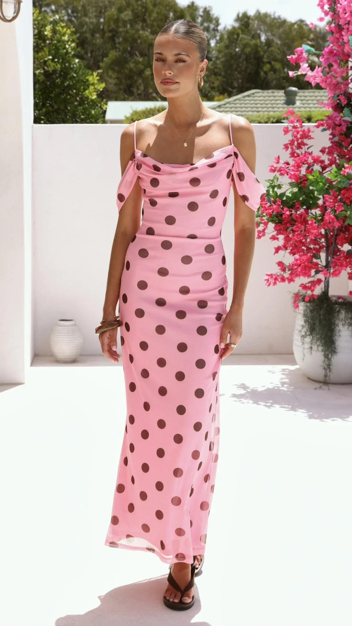 Mairi Maxi Dress Pink Brown Polka