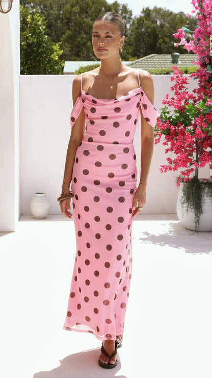 Mairi Maxi Dress Pink Brown Polka