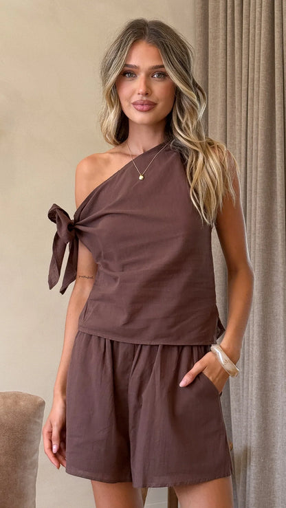 Zahavah Off Shoulder Top and Shorts Set Chocolate