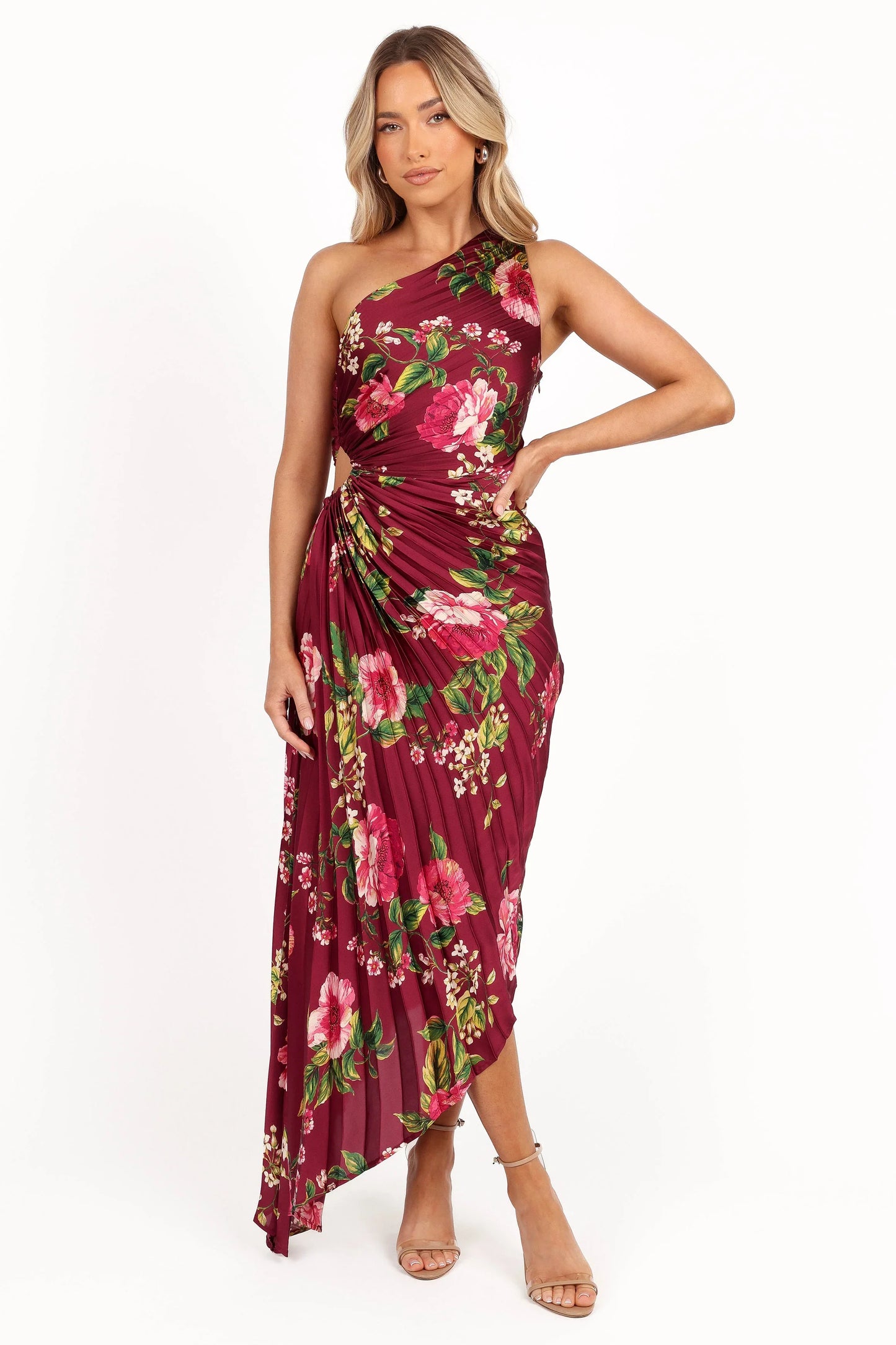 Kleo One Shoulder Maxi Dress Burgundy Floral