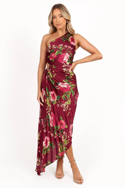 Kleo One Shoulder Maxi Dress Burgundy Floral