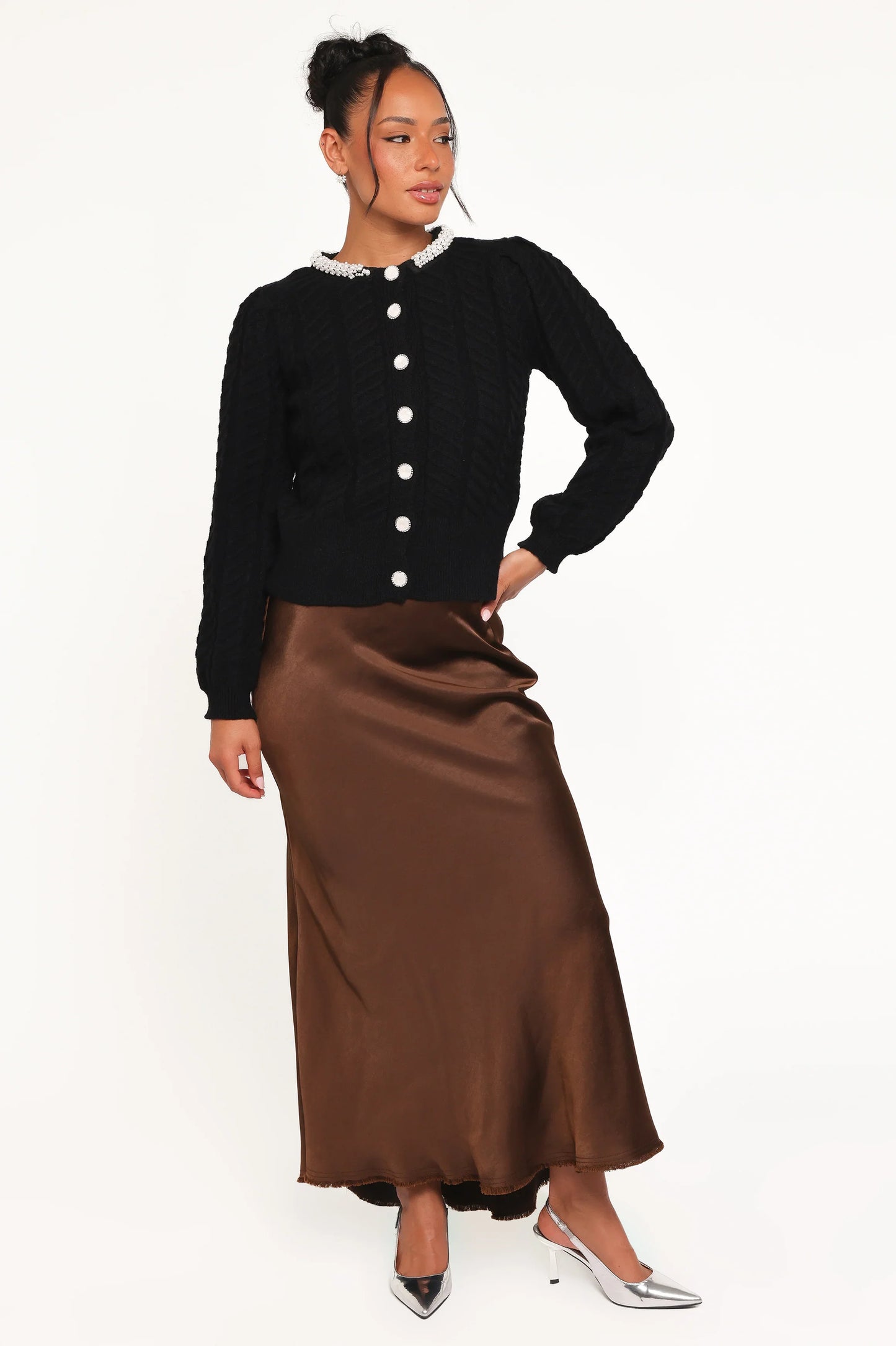 Sheena Rhinestone Collar Holiday Cardigan Black