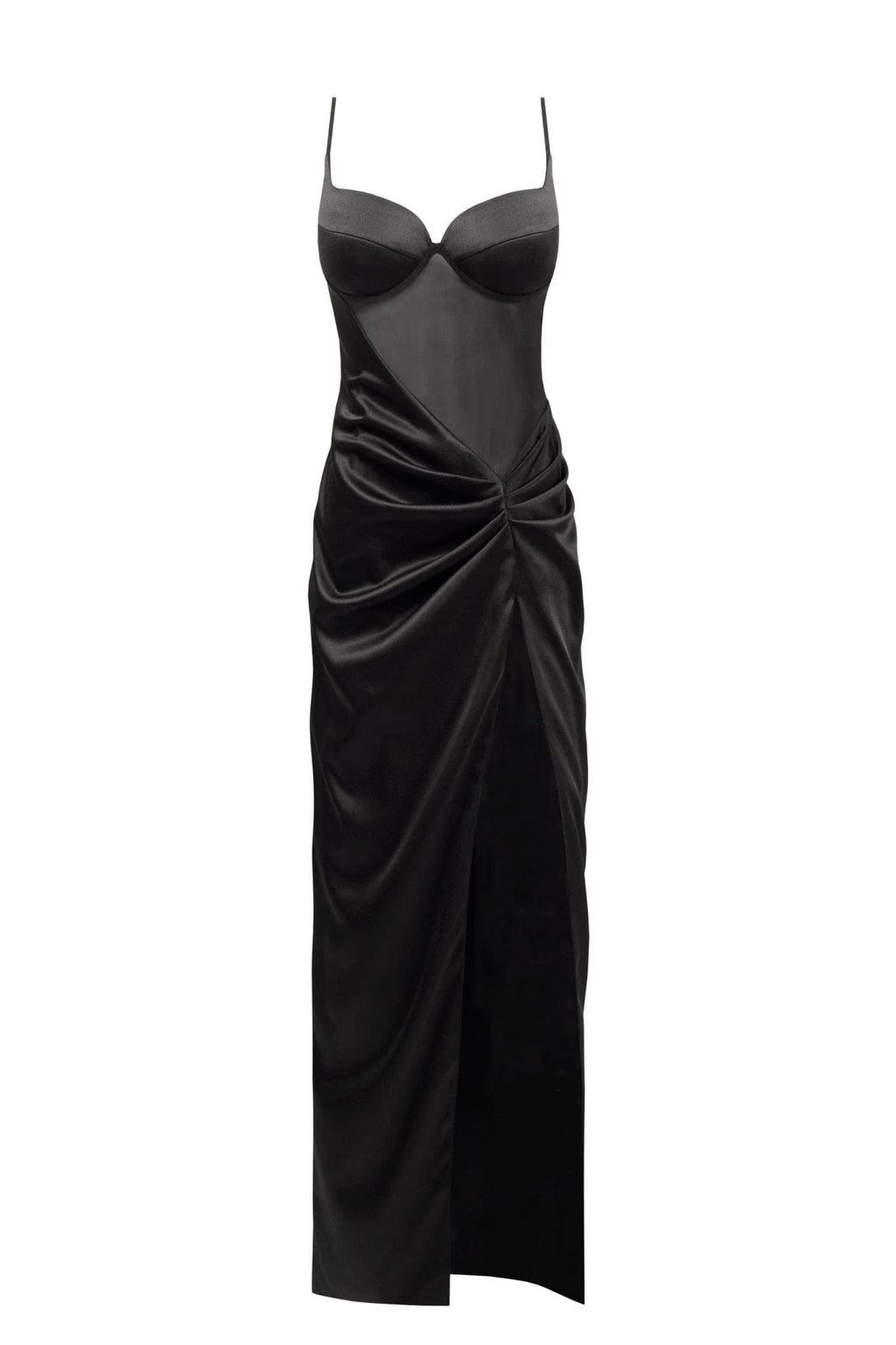 Chic satin maxi dress with semi transparent bodice