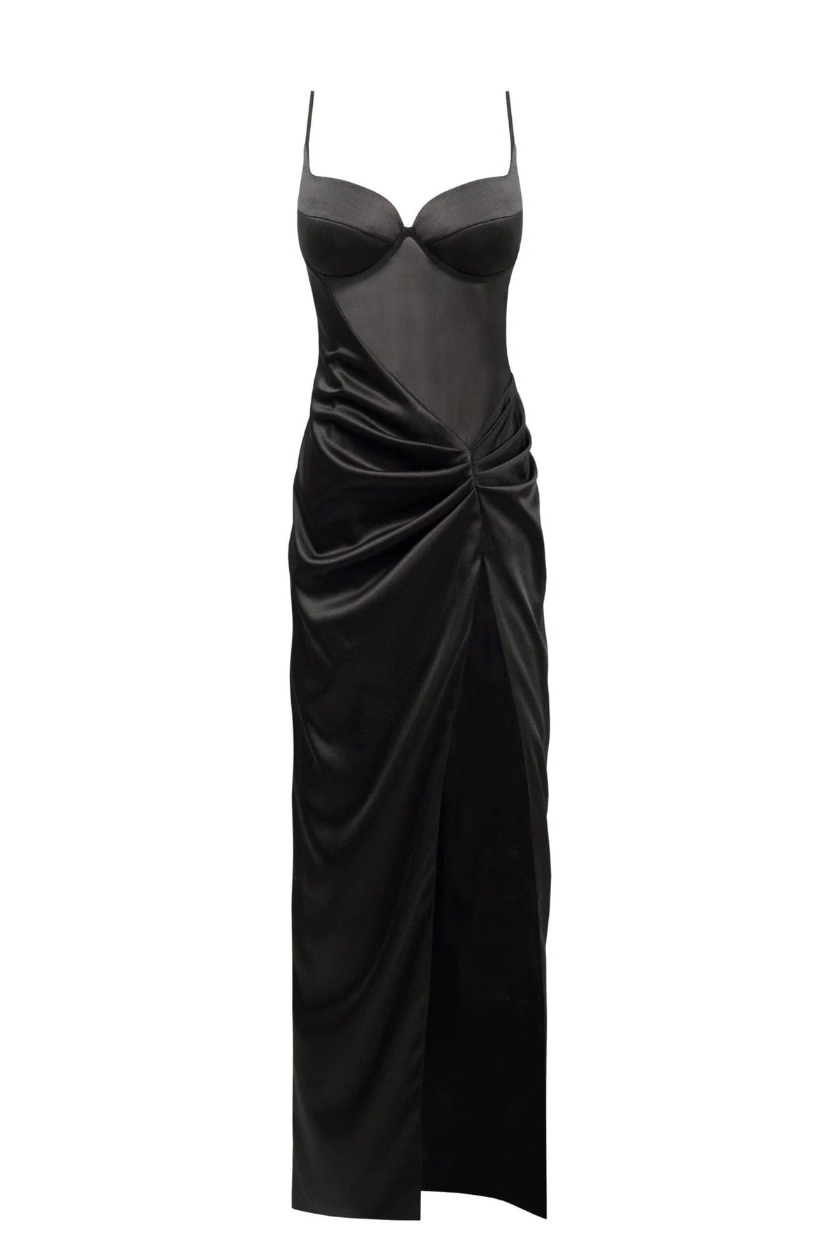 Chic satin maxi dress with semi transparent bodice