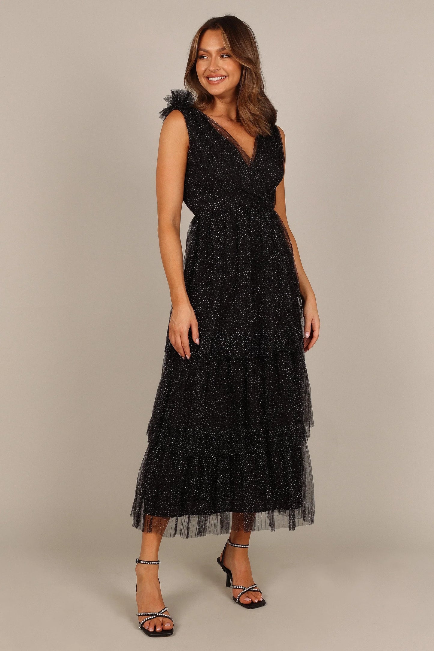 Asteria Tulle Tiered Maxi Dress Black Sparkle