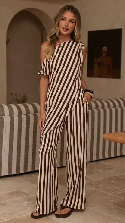 Liana Off Shoulder Top Pants Set Brown Stripe