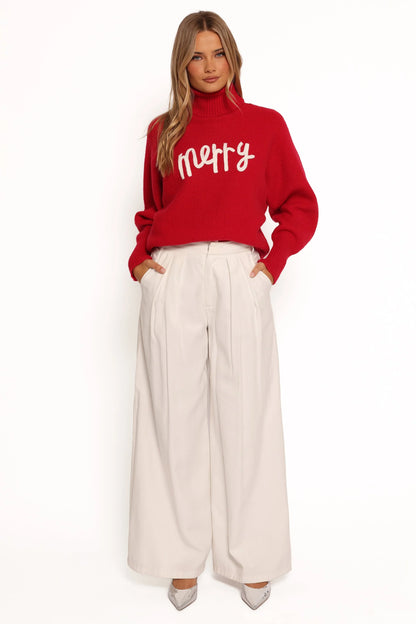 Merry Turtleneck Knit Sweater Red White