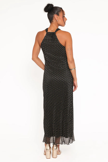 Melody Plisse Halter Maxi Dress Black Gold Polka Dot