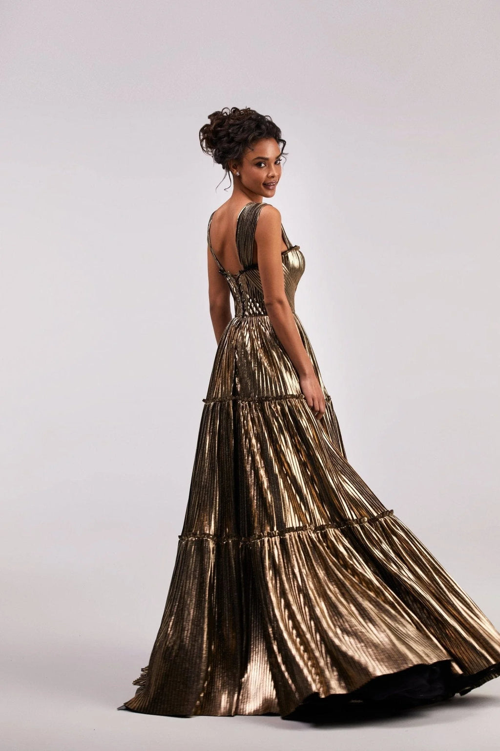 Golden Shiny maxi evening dress with an off the shoulder neckline
