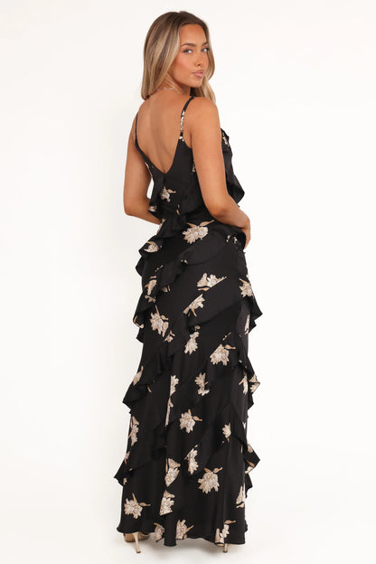 Ciao Ruffles Maxi Satin Dress Black Floral