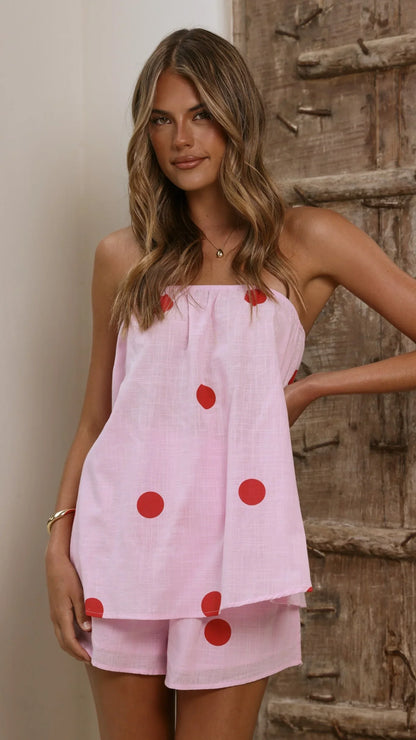 Calliope Strapless Top and Shorts Set Pink Red Polka