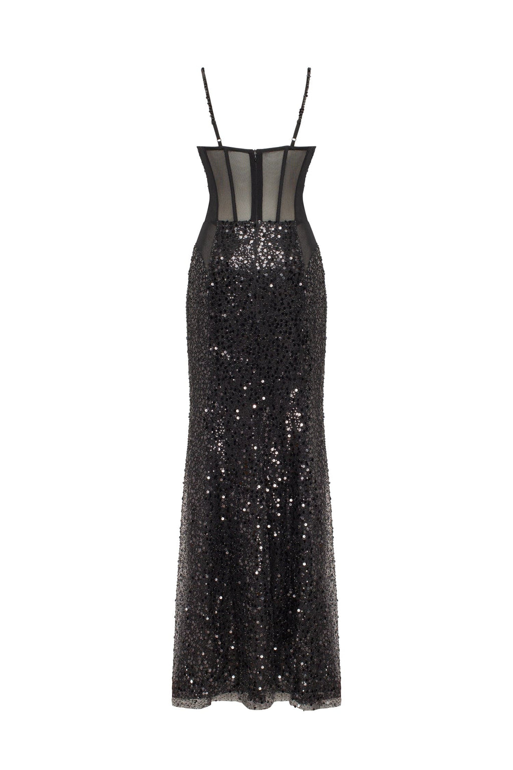 Sensational black maxi on spaghetti straps covered in sequins Smoky Quartz
