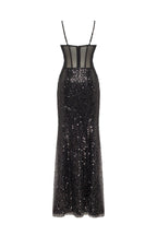 Sensational black maxi on spaghetti straps covered in sequins Smoky Quartz
