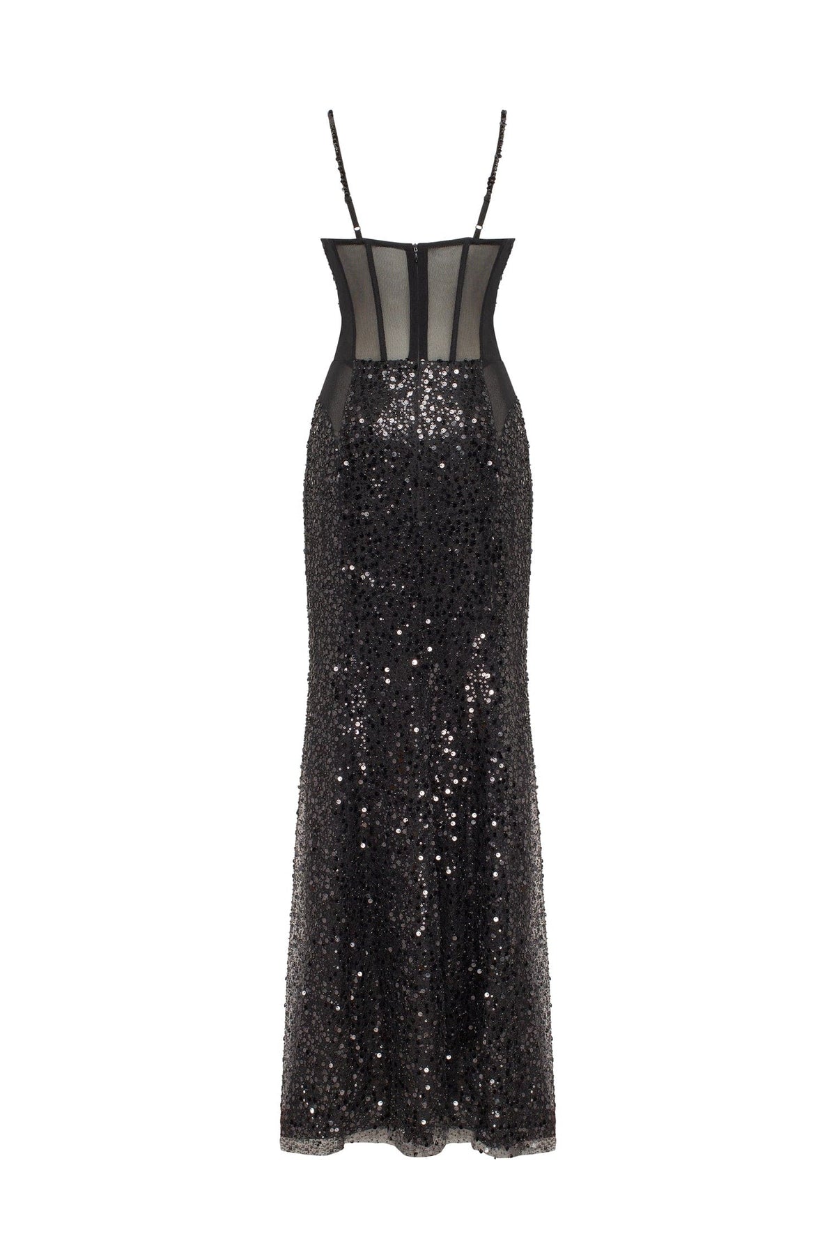 Sensational black maxi on spaghetti straps covered in sequins Smoky Quartz