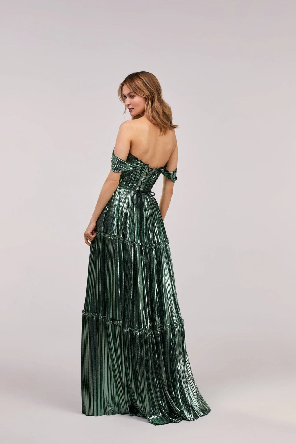 Emerald Green Shiny maxi evening dress with an off the shoulder neckline