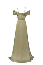 Elegant olive off the shoulder silk maxi dress