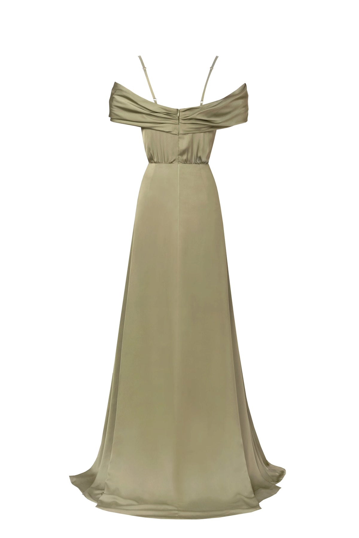 Elegant olive off the shoulder silk maxi dress