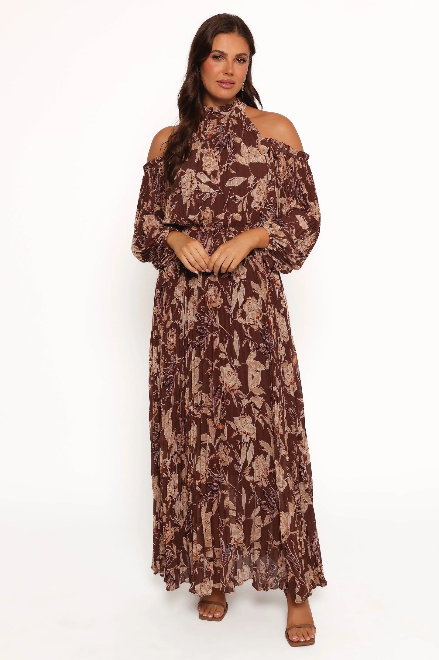 Hilary Pleated Maxi Dress Brown Floral