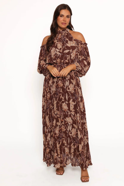 Hilary Pleated Maxi Dress Brown Floral