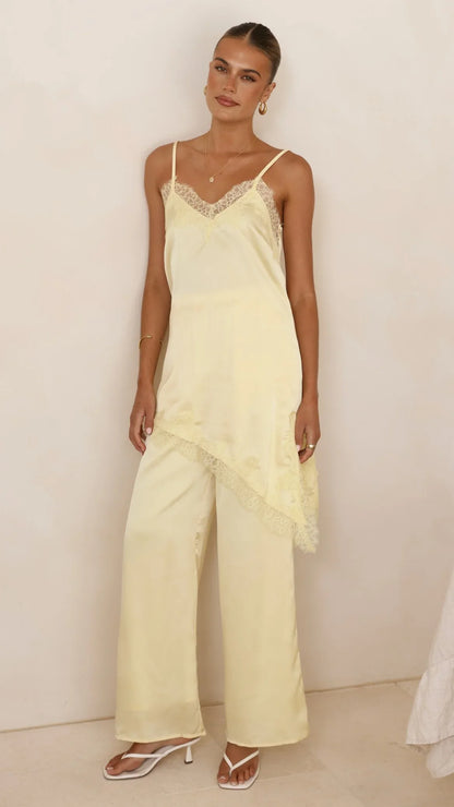 Hayleigh Asymmetrical Top and Pants Set Yellow Lace