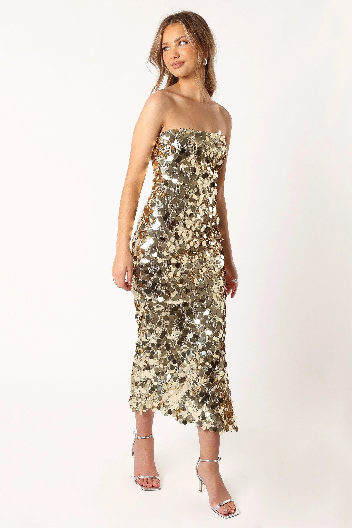 Gabourne Strapless Midi Dress Gold Sequin