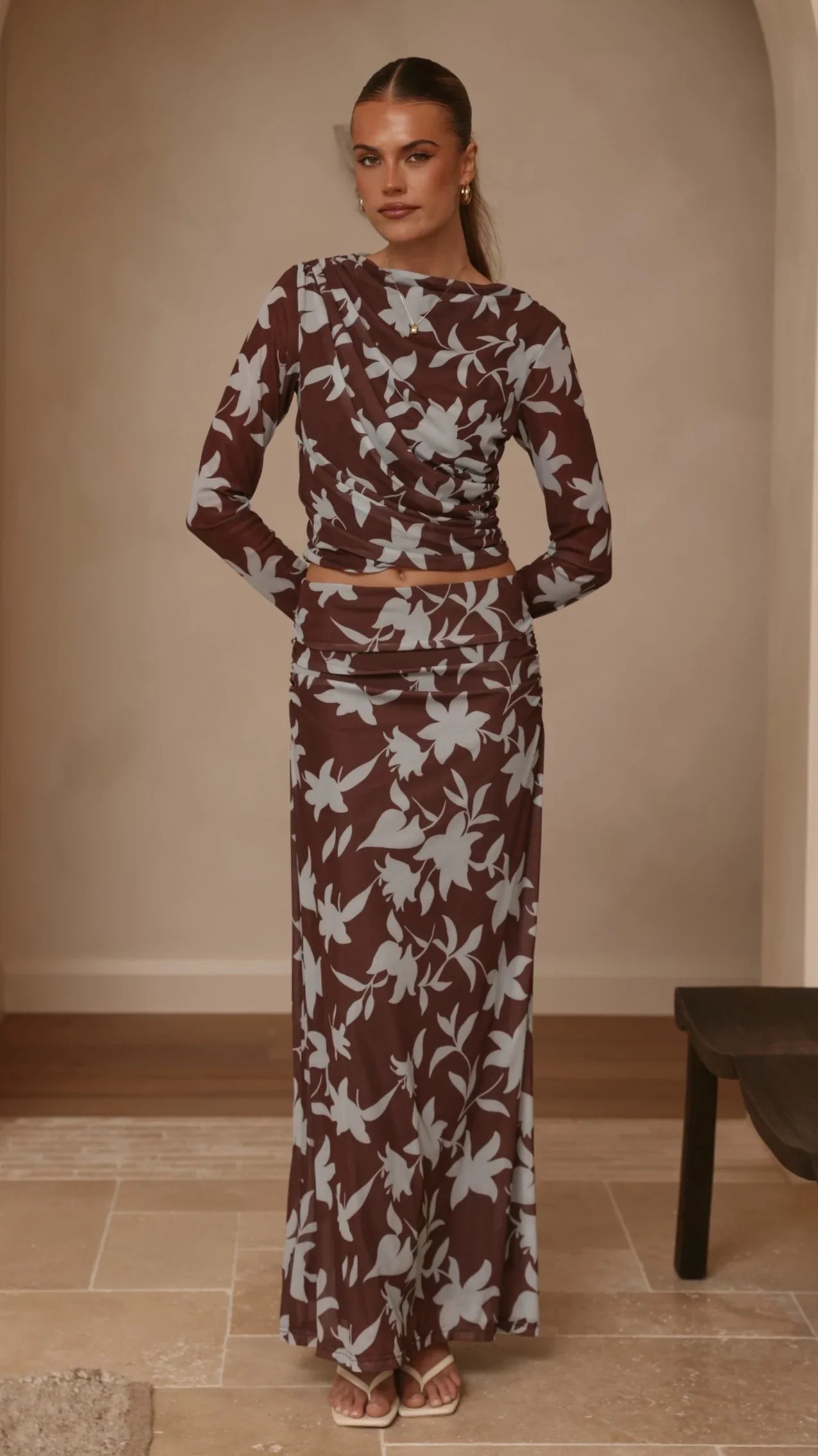 Adira Long Sleeve Top Chocolate Blue Print