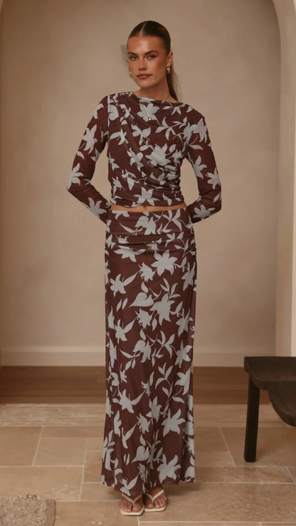 Adira Long Sleeve Top Chocolate Blue Print