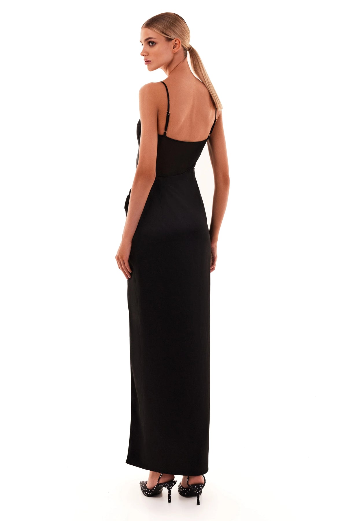 Chic satin maxi dress with semi transparent bodice