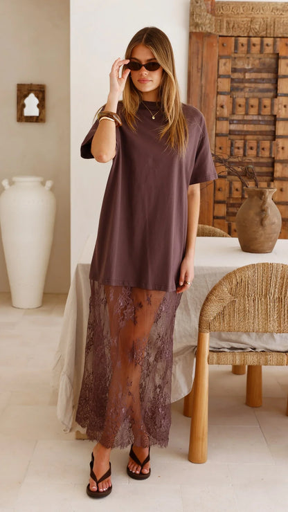 Raina T Shirt Maxi Dress Brown Lace