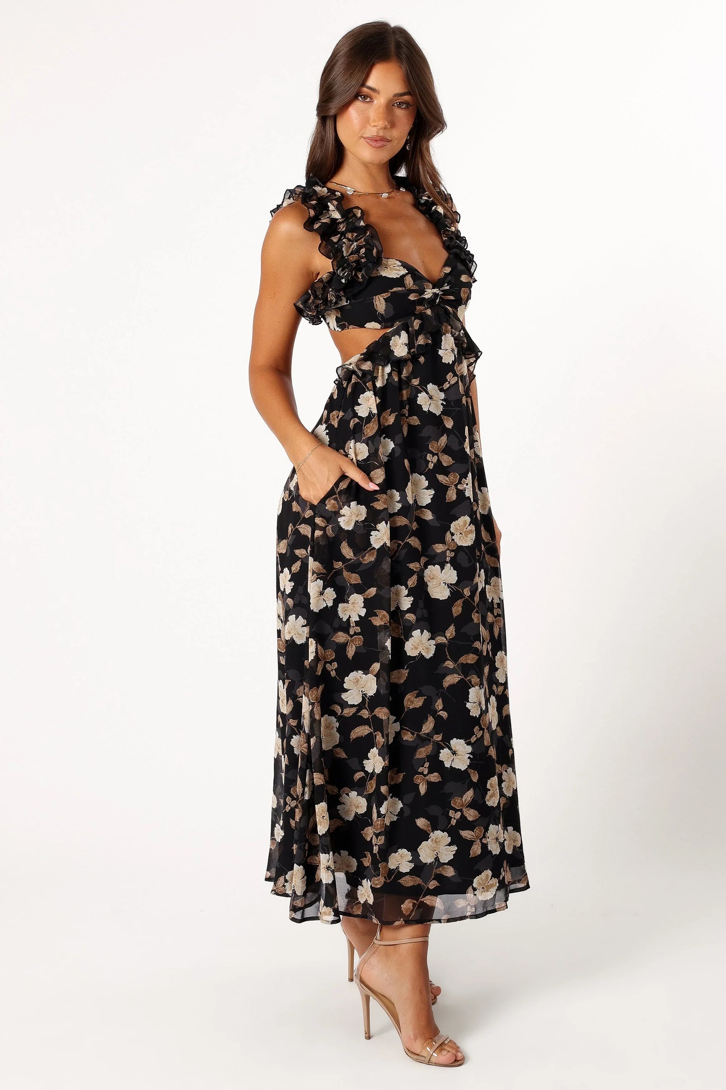 Lucah Frill Shoulder Maxi Dress Black Floral