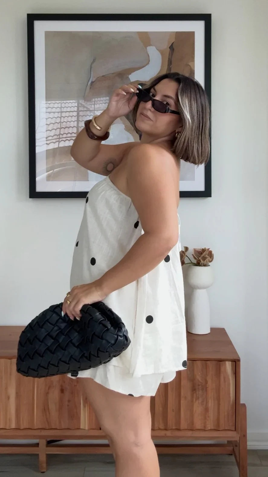 Calliope Strapless Top and Shorts Set Oat Black Polka Dot