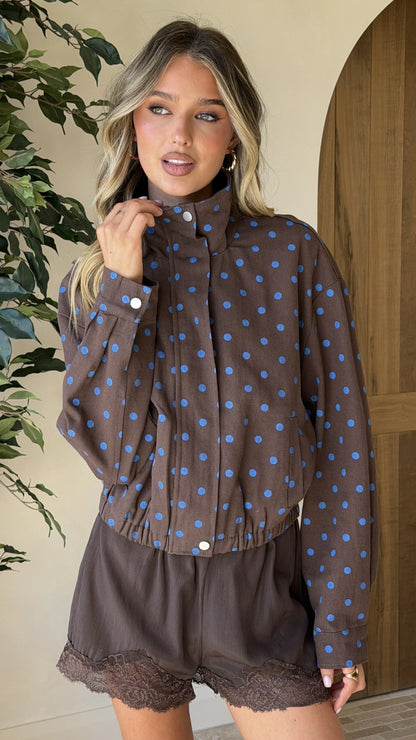 Nessie Funnel Neck Jacket Chocolate Blue Polka