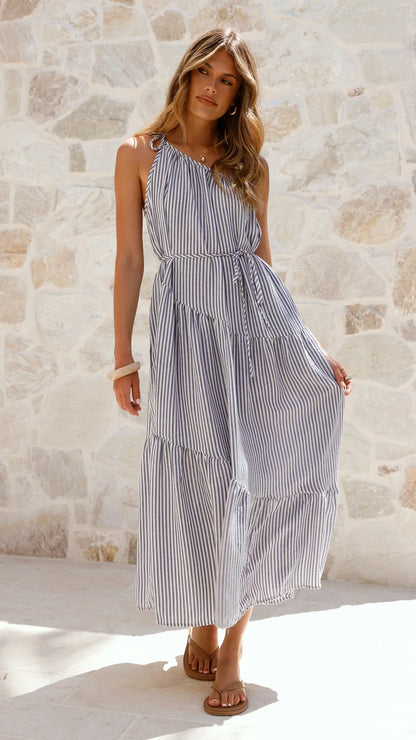 Wendy One Shoulder Maxi Dress Blue White Stripe