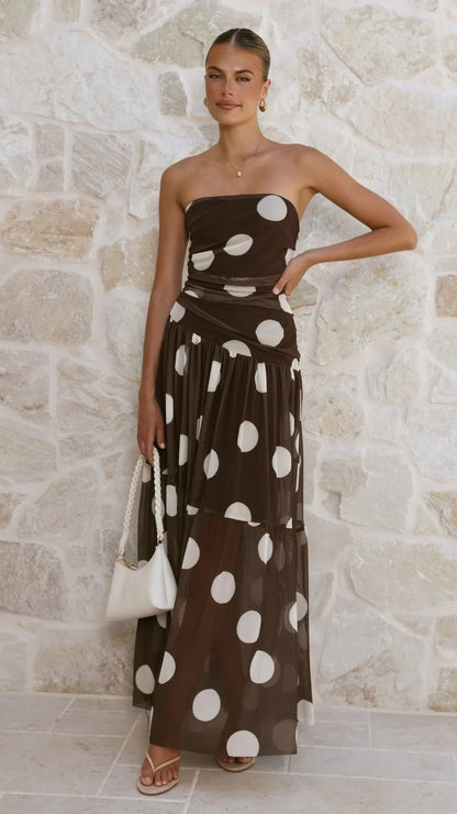 Riko Strapless Maxi Dress Chocolate Macro Polka