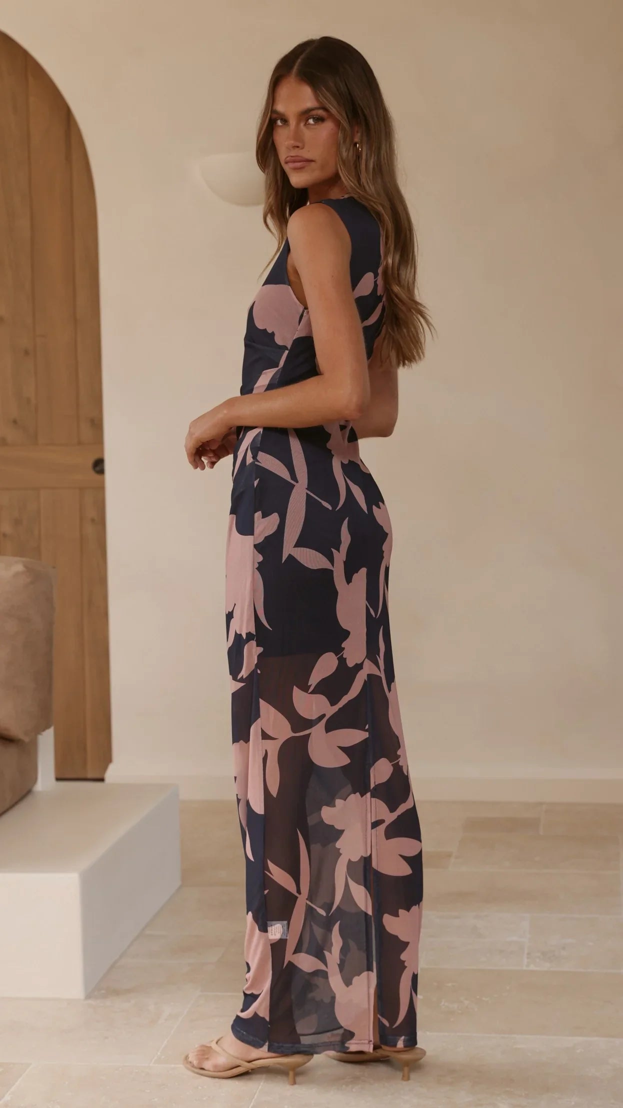 Lilani Mesh Maxi Dress Navy Pink Print