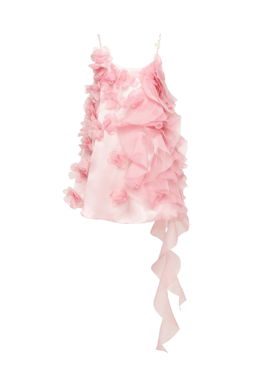 Romantic ruffled pink mini dress with rose appliques Garden of Eden
