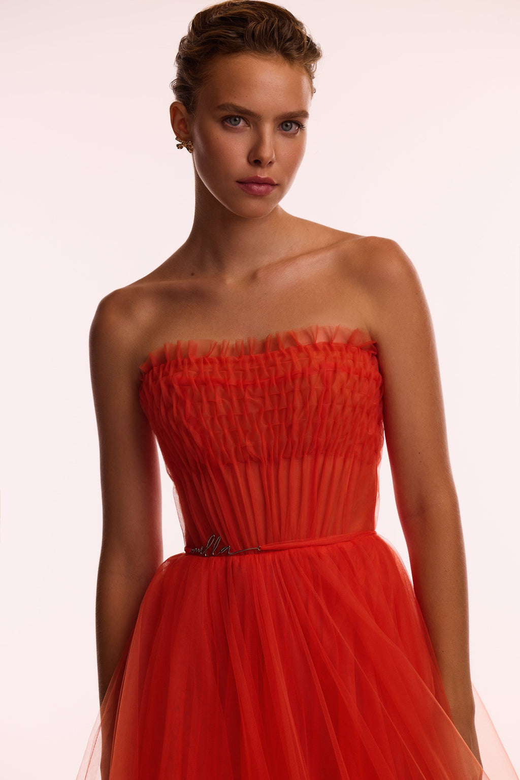 Airy tulle maxi dress in fiery coral