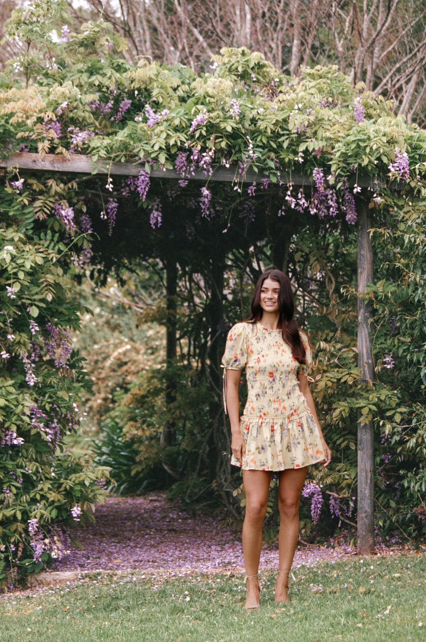 Kaelyn Gather Mini Dress Yellow Floral